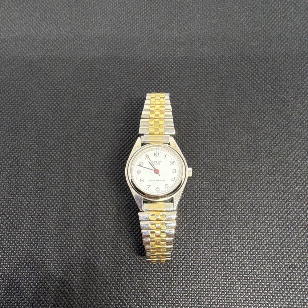 Sharp Quartz Women’s Watch Two Tone Stretch Band White Dial New Battery Running